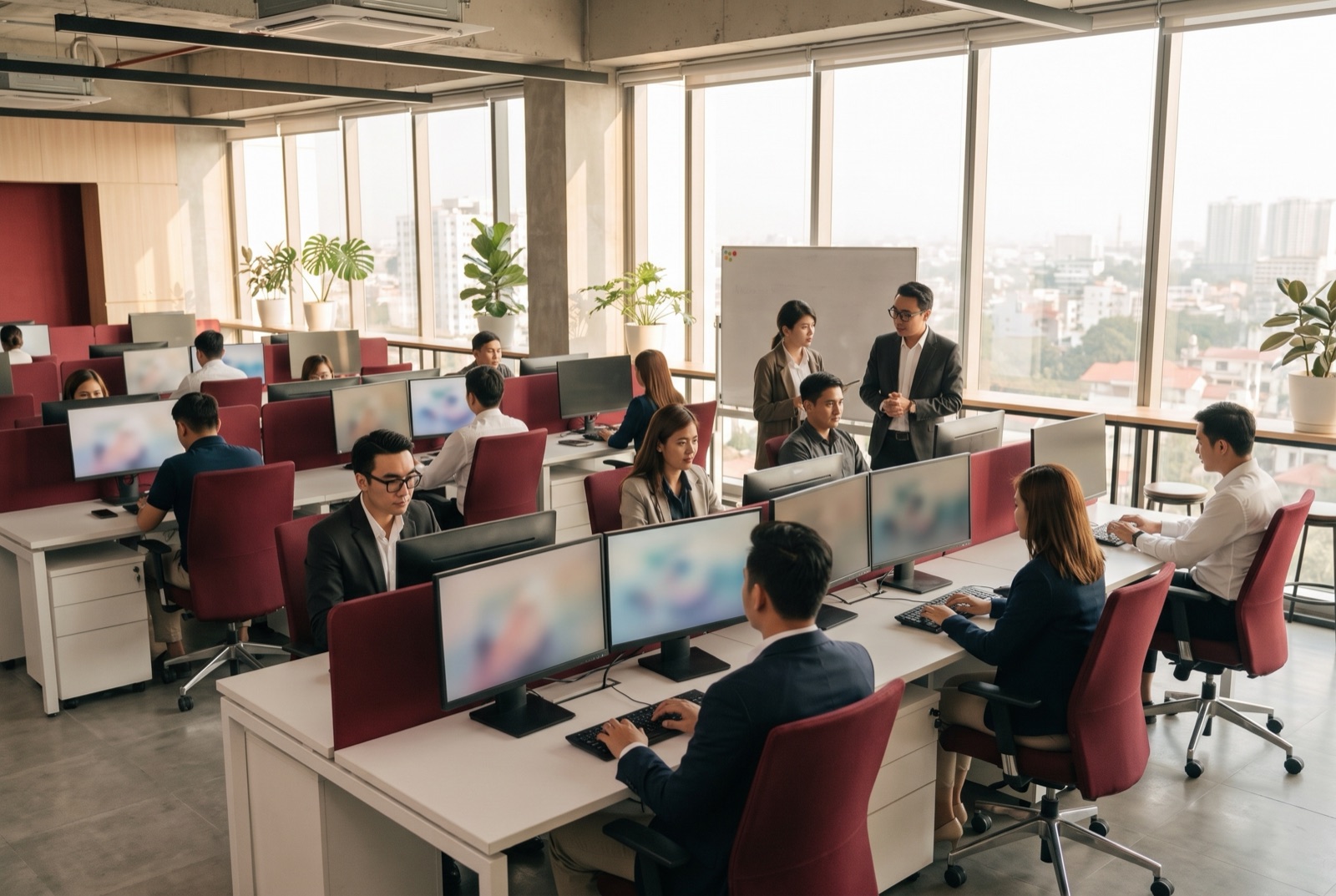 Managed offshore team working across dual-monitor workstations in a bright office