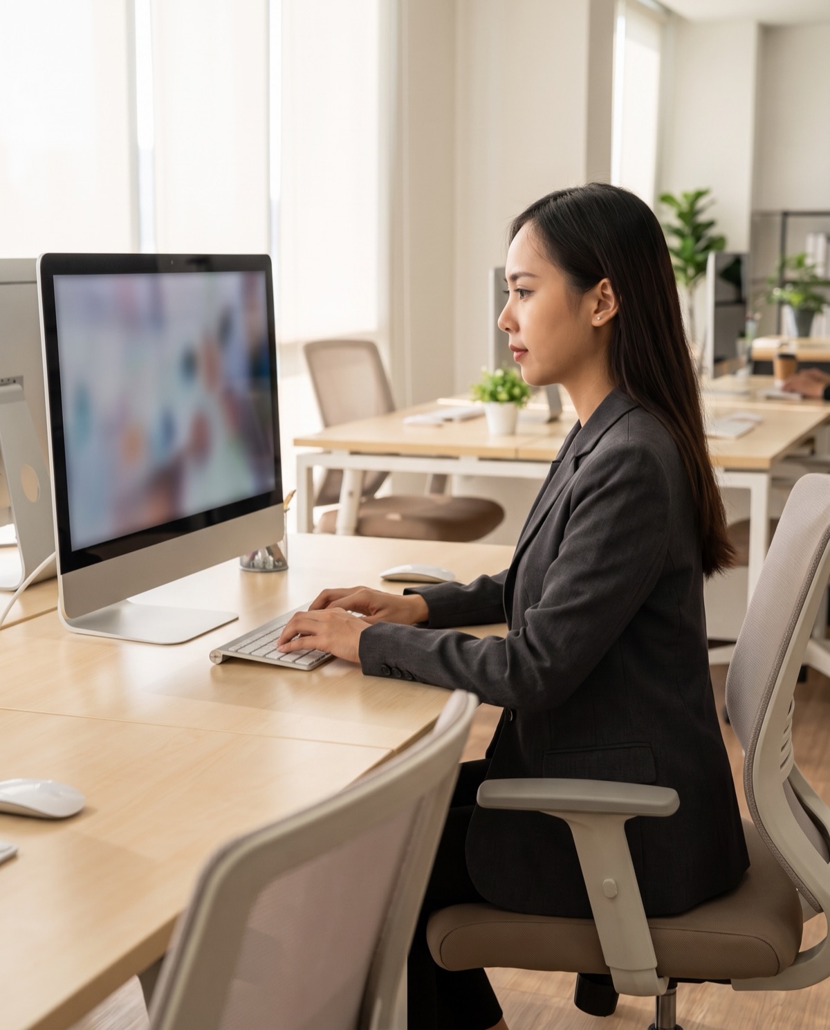 Offshore professional working at a workstation in a bright modern office